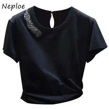 Neploe Elegan Warna Hitam Berlian Embedding Puff Sleeve T-shirt Femme 2023 Musim Panas Bahasa Prancis Sederhana Kasual Longgar O-Neck Tees