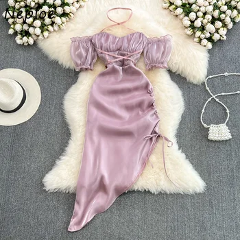 Neploe Jubah High-end Mewah Ringan Bretel Leher Miring Femme Vestidos Paket Pinggul Tidak Beraturan Serut Tipis Ramping Gaun Ungu