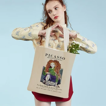 Nordic Double Print Picasso Tote Handbag Dekorasi Blok Warna Kanvas Tas Belanja Wanita Tas Belanja Wanita Supermarket