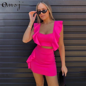 OMSJ 2021 Gaun Musim Panas Wanita Gaya Pantai Baru 3 Warna Atasan Crop Ruffle Hijau Muda Neon Neon+ Rok Mini Pakaian Klub Malam Seksi