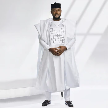 Pakaian Afrika H&D untuk Pria Celana Kemeja Jubah Bordir Bazin Riche Agbada Set 3 Buah Ukuran Plus Ansambel Musulman Boubou Homme Ukuran Plus