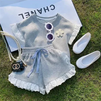 Pakaian Anak Perempuan Lengan Renda Lengan Pendek+Celana Pendek 2 Buah Setelan Pakaian Musim Panas Anak Katun 2023 Pakaian Olahraga Bayi