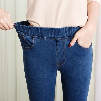 Pakaian Skinny Jeans pinggang tinggi Elastis Wanita 5XL 6XL Fashion Wanita Jeans Ibu saku hitam biru Celana Denim Stretch Skinny