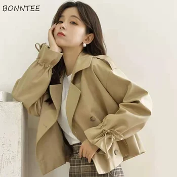 Parit Wanita All-Match Dasar Elegan Kantor Wanita Musim Semi Padat Kantong Double Breasted Gaya Korea Streetwear Retro Populer Ins