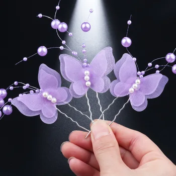 Pin Rambut Bentuk U Lucu Gaya Korea Jepit Rambut Kupu-kupu Ungu Mutiara Buatan Tangan untuk Aksesori Perhiasan Rambut Pernikahan Pengantin Perempuan