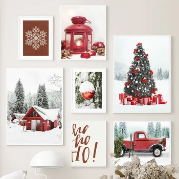 Pohon Natal Mobil Antik Lampu Merah Dekorasi Ruang Tamu Poster dan Cetakan Dinding Seni Lukisan Kanvas Gambar Dinding Dekorasi Rumah
