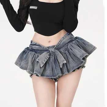 Rok Lipit Denim Pinggang Tinggi Retro Y2k Hot Girl A-Line Rok Mini Ikatan Simpul Pita Jepang Pakaian Fashion Korea