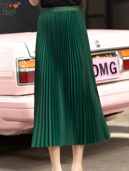 Rok Midi Ukuran Plus Warna Solid Baru Musim Panas untuk Wanita Mode Korea Rok Lipit A-line Pinggang Tinggi Elastis Rok Longgar Elegan