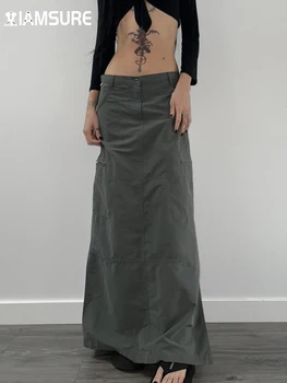 Rok Panjang Split Gaya Safari IAMSURE Rok Maxi Lurus Berpinggang Rendah Solid Kasual Wanita Streetwear Wanita Mode Musim Panas 2022