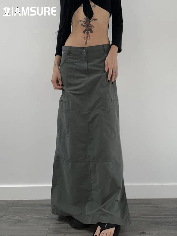Rok Panjang Split Gaya Safari IAMSURE Rok Maxi Lurus Berpinggang Rendah Solid Kasual Wanita Streetwear Wanita Mode Musim Panas 2022 - 0
