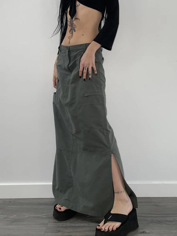 Rok Panjang Split Gaya Safari IAMSURE Rok Maxi Lurus Berpinggang Rendah Solid Kasual Wanita Streetwear Wanita Mode Musim Panas 2022 - 1