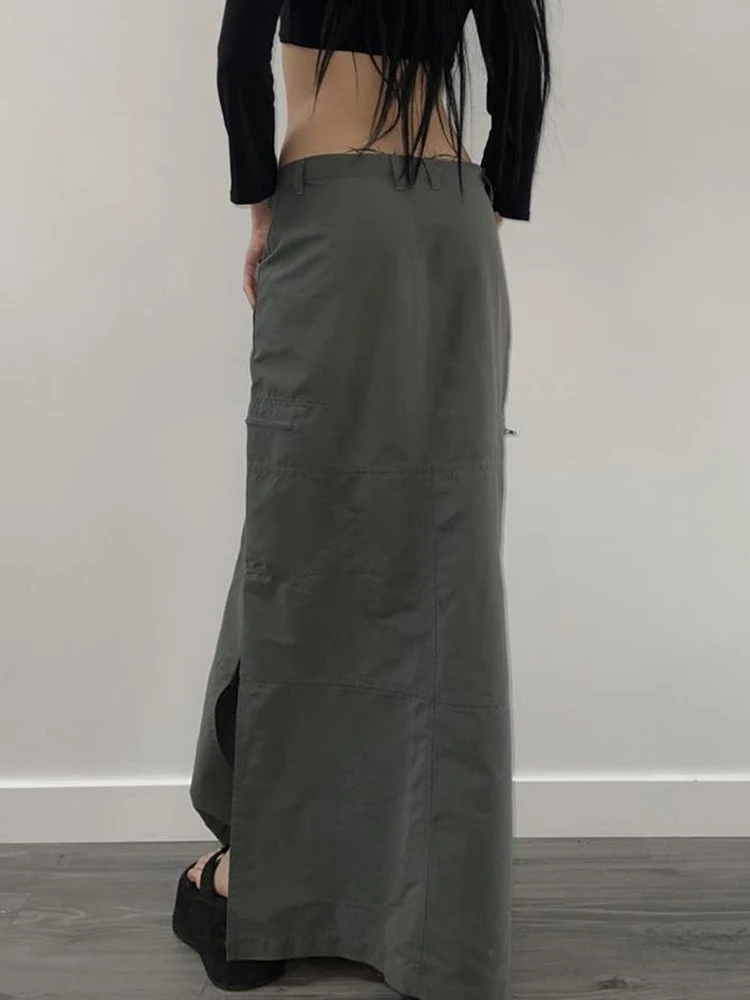 Rok Panjang Split Gaya Safari IAMSURE Rok Maxi Lurus Berpinggang Rendah Solid Kasual Wanita Streetwear Wanita Mode Musim Panas 2022 - 2