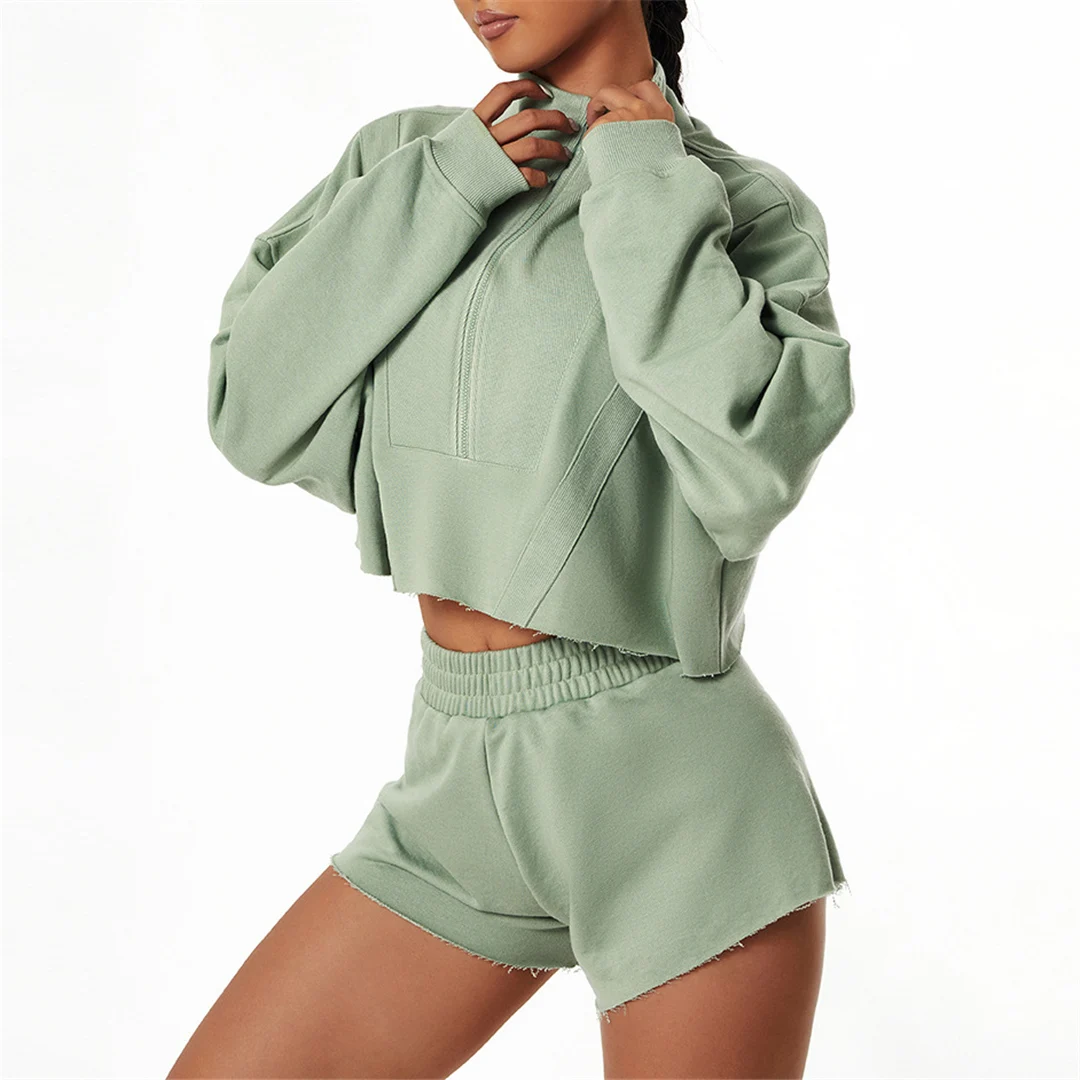 S-XL Sweatshirt Longgar Setengah Ritsleting Depan Setelan Yoga Atasan Crop Lengan Panjang Celana Pendek Pinggang Tinggi Lari Kebugaran Streetwear A078 - 2
