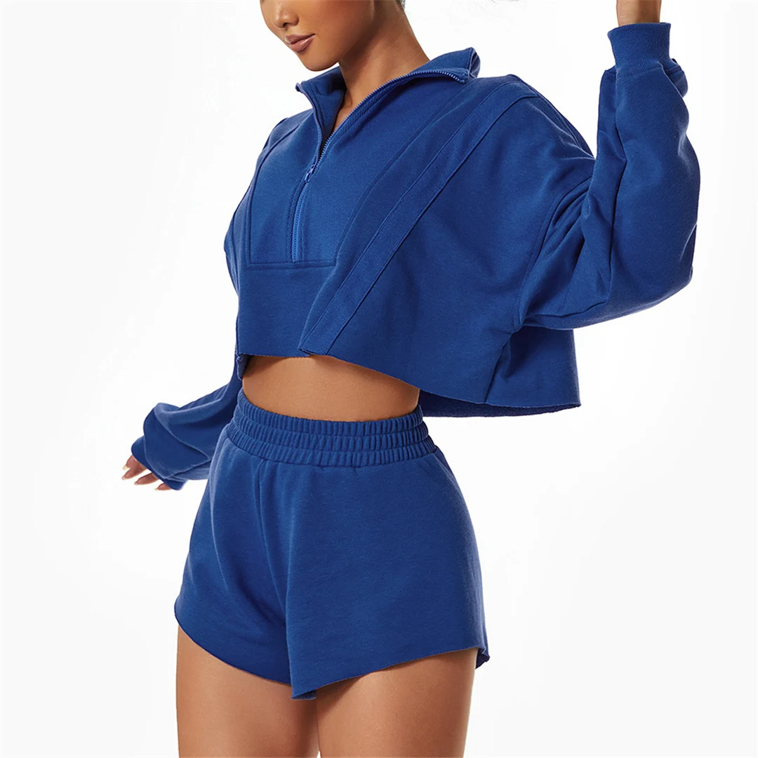 S-XL Sweatshirt Longgar Setengah Ritsleting Depan Setelan Yoga Atasan Crop Lengan Panjang Celana Pendek Pinggang Tinggi Lari Kebugaran Streetwear A078 - 3