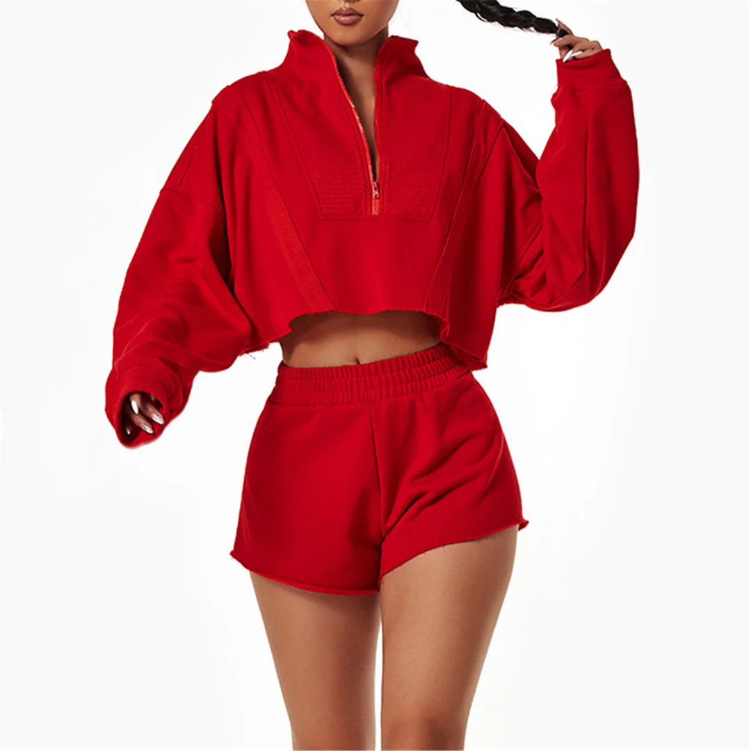 S-XL Sweatshirt Longgar Setengah Ritsleting Depan Setelan Yoga Atasan Crop Lengan Panjang Celana Pendek Pinggang Tinggi Lari Kebugaran Streetwear A078 - 4