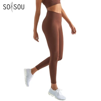 SOISOU Legging Yoga Seksi Nilon Celana Wanita Celana Ketat Kebugaran Gym Celana Olahraga Bersirkulasi Sehat Pinggang Tinggi Elastis 6 Warna