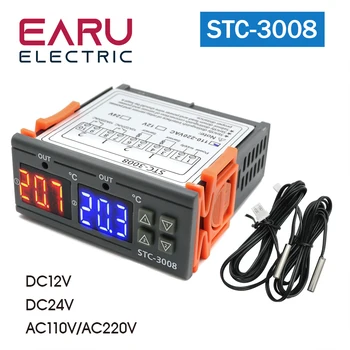 STC-3008 Pengontrol Suhu Digital Ganda Dua Keluaran Relai DC12V DC 24V AC220V Termostat Termoregulasi dengan Pendingin Pemanas