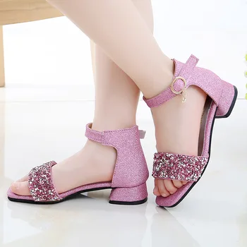 Sandal Anak Perempuan Sepatu Berlian Imitasi Hak Tinggi 2023 Sepatu Putri Anak Pesta Prom Mode Baru Sandal Bertali untuk Anak Perempuan G02246