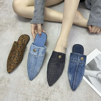 Sandal Wanita Baru 2023 Jeans Denim Ujung Runcing Sandal Datar Biru Slingbacks Sepatu Wanita Sandal Fashion Sepatu Kasual Wanita