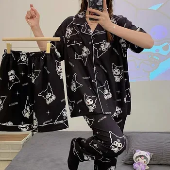 Sanrio Piyama Set Tiga Potong Kuromi Celana Panjang Lengan Pendek Musim Panas Setelan Celana Pendek Kardigan Baru Pakaian Rumah Musim Semi dan Musim Gugur