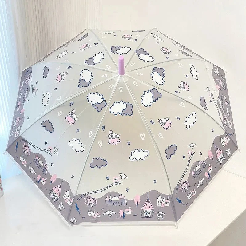 Sanrio Cinnamoroll Payung Kawaii Pegangan Panjang Anak-anak Payung Tabir Surya Hujan Buram Bening Payung Otomatis Tebal Lucu - 4