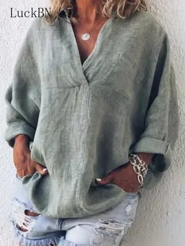 Santai Kemeja V-neck Pullover Cardigan Top Wanita Longgar Lengan Panjang Kebesaran Kemeja Wanita Pakaian Blus Musim Gugur Blusas Mujer