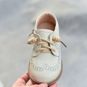 Sepatu Kasual Anak Kulit Asli Sepatu Bayi Laki-laki Gaya Inggris Sepatu Pergelangan Kaki Datar Girs Antiselip Sepatu Sekolah Anak-anak 6T 8T
