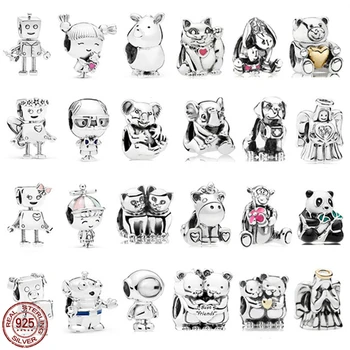 Seri Robot manik-manik Perak murni 925 Manik-manik unicorn kucing laki-laki dan perempuan lucu Cocok dengan Gelang Pandora Asli Hadiah Istimewa DIY