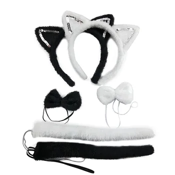 Set Ikat Kepala Dasi Kupu-kupu Ekor Lingkaran Rambut Kucing Lucu Wanita Hitam Putih untuk Pesta Pakaian Kepala Anak-anak Halloween Natal 2023