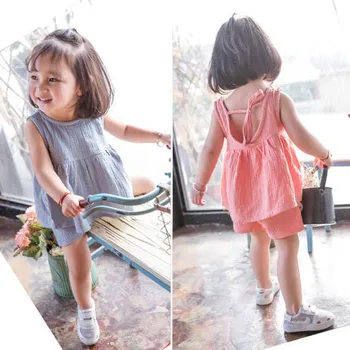Set Lucu Bayi Perempuan Gaya Korea Atasan Katun + Celana Pendekset Pakaian Anak-anak Putri Perempuan Balita Pakaian Musim Panas Solid Merah Muda
