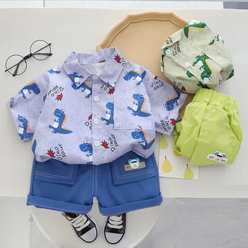 Set Pakaian Anak Laki-laki Balita Musim Panas 2023 Kemeja Lengan Pendek Dinosaurus Kartun Setelan Celana Pendek Denim Set Pakaian Bayi Laki-laki Bayi Perempuan