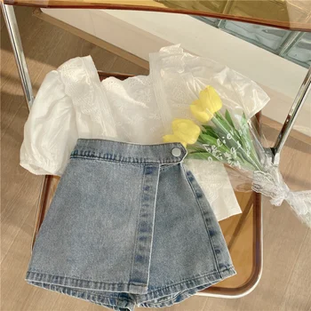 Set Pakaian Anak-anak Blus Renda Mode Anak Perempuan Musim Panas Baru Celana Pendek Denim Gaya Korea Celana Jeans Kasual Anak Balita 2-7Y