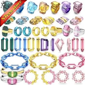 Set Perhiasan Halus 2023 Dekorasi Persegi Seribu Tahun Asli Set Cincin Kalung Anting Kristal Dinamis untuk Wanita dengan Logo
