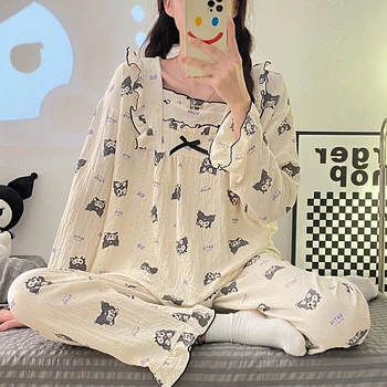 Set Piyama Wanita Sanrioes Anime Kuromi Sanrioes 2022 Pakaian Tidur Kartun Pakaian Santai Wanita Pakaian Tidur Rumah Kawaii Hadiah Ukuran Plus