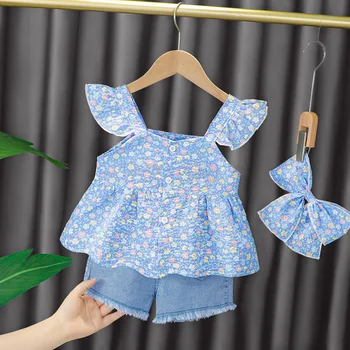 Set Setelan Pakaian Bayi Perempuan Balita Musim Panas 2023 Gaun Putri Anak-anak Bermotif Suspender Bunga Celana Pendek Denim Pita Setelan Anak-anak