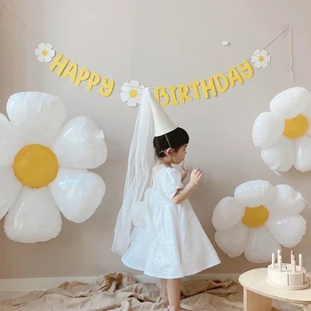 Set Spanduk Balon Foil Bunga Daisy Putih untuk Pesta Ulang Tahun Anak-anak Dekorasi Baby Shower Properti Foto Panas