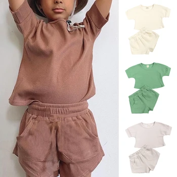 Set Tambalan Wafel Musim Panas Anak Laki-laki Perempuan Balita 2023 Pakaian Katun Warna-warni Solid Atasan Pendek+Pakaian Pendek Pakaian Olahraga Bayi Balita