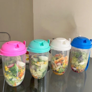 Set Wadah Cangkir Salad Yogurt Kacang Sereal Sarapan Portabel dengan Tutup Cangkir Saus Garpu Mangkuk Makanan Bento Kotak Makan Siang Dapur