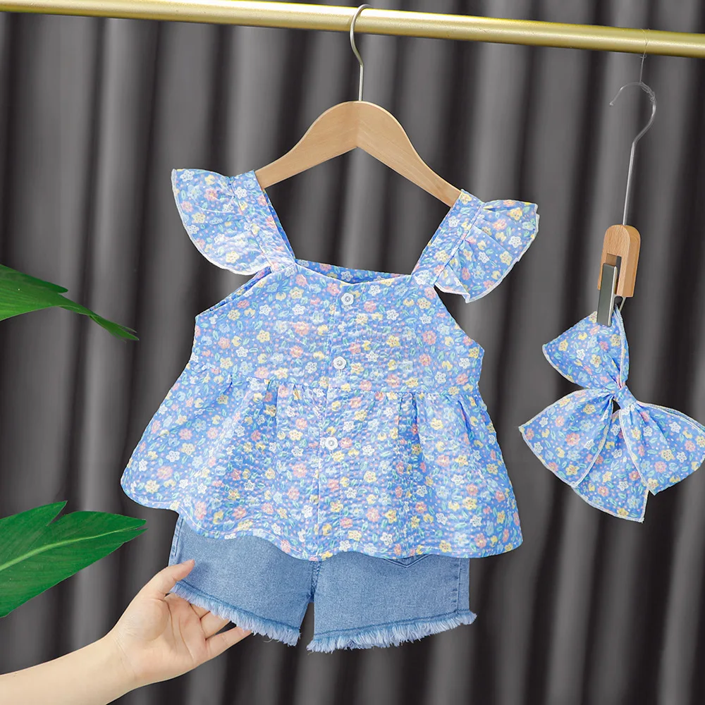 Set Setelan Pakaian Bayi Perempuan Balita Musim Panas 2023 Gaun Putri Anak-anak Bermotif Suspender Bunga Celana Pendek Denim Pita Setelan Anak-anak - 0