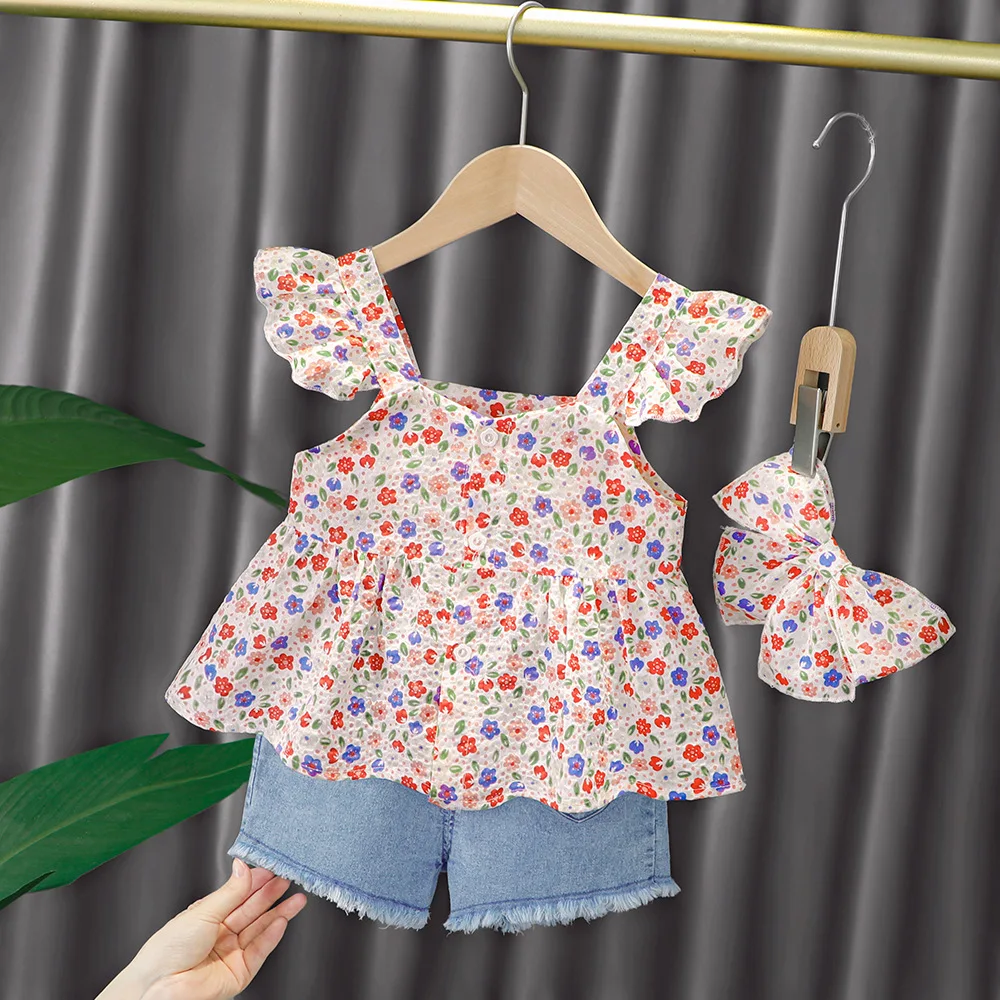 Set Setelan Pakaian Bayi Perempuan Balita Musim Panas 2023 Gaun Putri Anak-anak Bermotif Suspender Bunga Celana Pendek Denim Pita Setelan Anak-anak - 1