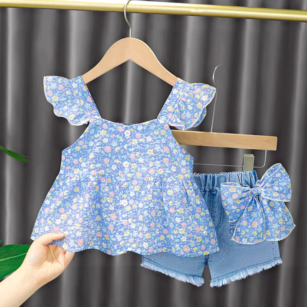 Set Setelan Pakaian Bayi Perempuan Balita Musim Panas 2023 Gaun Putri Anak-anak Bermotif Suspender Bunga Celana Pendek Denim Pita Setelan Anak-anak - 2