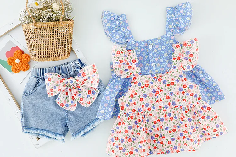 Set Setelan Pakaian Bayi Perempuan Balita Musim Panas 2023 Gaun Putri Anak-anak Bermotif Suspender Bunga Celana Pendek Denim Pita Setelan Anak-anak - 3