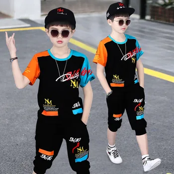 Setelan Olahraga Anak Laki-laki Set Pakaian Anak-anak Musim Panas Kaus Huruf + Celana 2 Buah Pakaian Anak-anak Pakaian Olahraga untuk Anak Laki-laki 4 6 8 10 12 14 Tahun