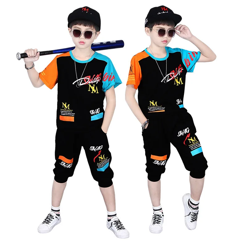 Setelan Olahraga Anak Laki-laki Set Pakaian Anak-anak Musim Panas Kaus Huruf + Celana 2 Buah Pakaian Anak-anak Pakaian Olahraga untuk Anak Laki-laki 4 6 8 10 12 14 Tahun - 2