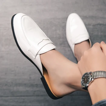 Setengah Sepatu Pria Mules Sandal Pantofel Sepatu Kasual Pria Fashion Sosial Kulit Paten Mocassin Slip-On Bernapas Sepatu Kulit