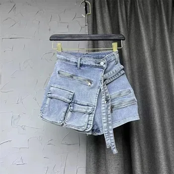 Soefdioo Celana Pendek Jeans Denim Saku Kargo Padat Celana Pendek Bawahan Wanita Seksi Berpinggang Tinggi Musim Panas Kasual 2023 Celana Pendek Bawahan Wanita