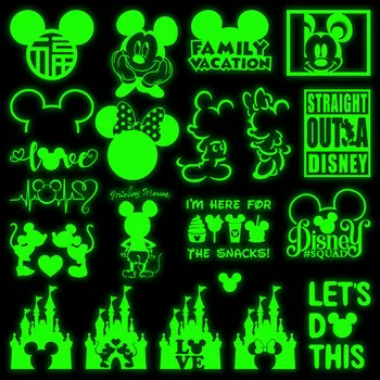 Stiker Disney Bercahaya Hijau Mickey Minnie Stiker Setrika Vinil Panas Dekorasi Stiker Patch PVC Transfer Panas pada kain