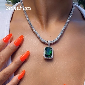 Stonefans Kalung Liontin Kristal Hijau Persegi Besar untuk Wanita Pria Kalung Tenis Berlian Imitasi Hip Hop Perhiasan Pernyataan Bling