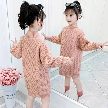 Sweater Rajutan Anak Perempuan Remaja 3-13 Tahun 2024 Sweater Panjang Gaya Korea Mode Baru untuk Anak Perempuan Pakaian Anak-anak Wol Musim Gugur Musim Dingin