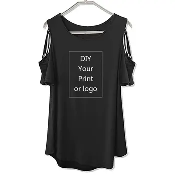 T-shirt Cetak Khusus untuk Wanita DIY Seperti Foto atau Logo Anda T-shirt Atasan Wanita lengan pendek Off The Shoulder Tee Berongga